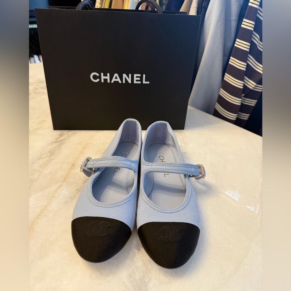 CHANEL Light Blue and Black Mary Jane Flats with Strap